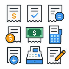 Set of nine icons depicting financial transactions, receipts, and payment methods.