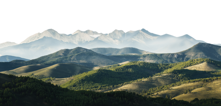 Layered mountain ranges with rolling green hills shrouded in morning mist isolated on transparent background