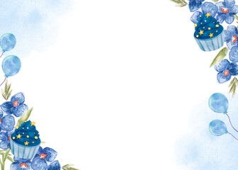 Blue floral birthday invitation design featuring cupcakes and balloons ideal for celebrations.