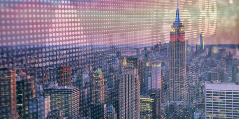 forex chart on cityscape with skyscrapers wallpaper double exposure. financial research concept.