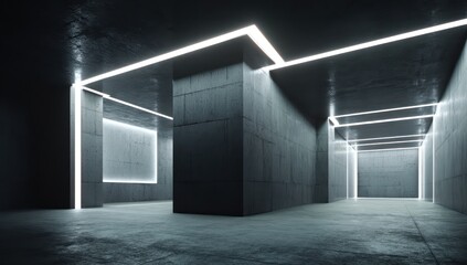 Dark concrete office with precisely aligned whiteboard frames, creating a futuristic atmosphere.