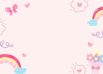 Delightful pastel pink background featuring rainbows, flowers, bows, and hearts ideal for various designs.