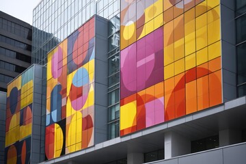 Building exterior with bold geometric designs, including circles and squares, set in a cityscape.