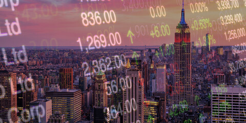 forex chart on cityscape with skyscrapers wallpaper double exposure. financial research concept.