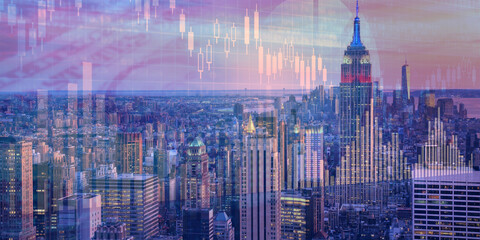 forex chart on cityscape with skyscrapers wallpaper double exposure. financial research concept.