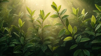 Morning dew on fresh green leaves, first light of a peaceful June morning 