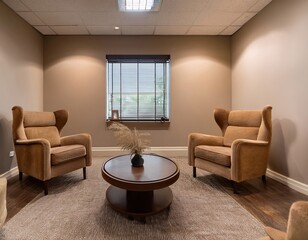 Cozy interview room with plush armchairs, warm earthy tones, and a small coffee table for an inviting feel