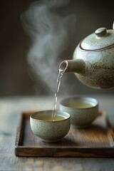 A minimalist Japanese-style scene showing a hand pouring warm green tea from a clay teapot into a small ceramic cup.