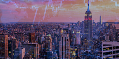 forex chart on cityscape with skyscrapers wallpaper double exposure. financial research concept.