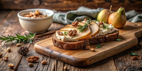 A delectable open-faced sandwich featuring creamy cheese, sweet pear slices, and crunchy walnuts, artfully arranged on rustic wooden board