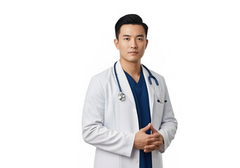 Fototapeta premium Confident Asian doctor with stethoscope or folded hands standing alone on white background.