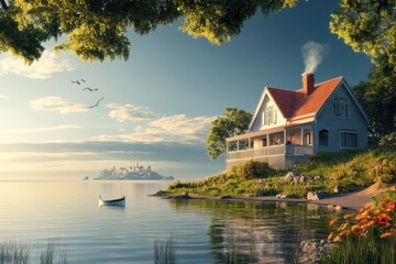 Obraz premium A house with a chimney and a boat in the water. The house is on a hill overlooking the water. Beautiful view of the coastal house and nature a calm and peaceful scene.