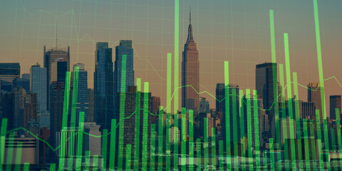 forex chart on cityscape with skyscrapers wallpaper double exposure. financial research concept.