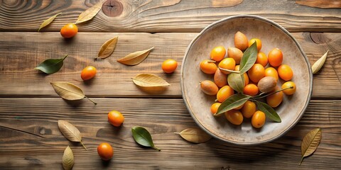 Rustic Wooden Tabletop Featuring Bowl of Golden Citrus Fruits and Autumnal Leaves