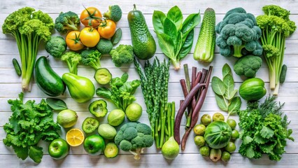 A Vibrant Collection of Diverse Green Vegetables and Fruits Arranged on a White Wooden Surface