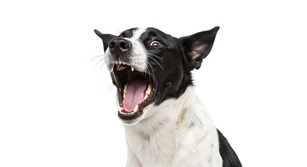 A black and white dog with its mouth wide open, panting or barking intensely against a white background.