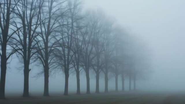 Bare Trees Vanishing into Eerie Fog in Rural Landscape