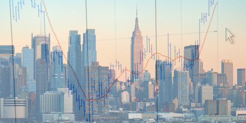 forex chart on cityscape with skyscrapers wallpaper double exposure. financial research concept.