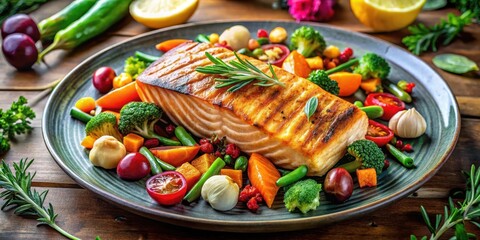 Grilled salmon fillet atop a vibrant medley of roasted vegetables and herbs on a rustic plate