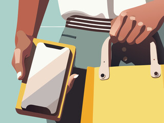 Woman holding smartphone and shopping bag, for mobile payment apps