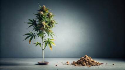 A flourishing cannabis plant in a small pot beside a pile of soil, symbolizing growth and the cycle of cultivation