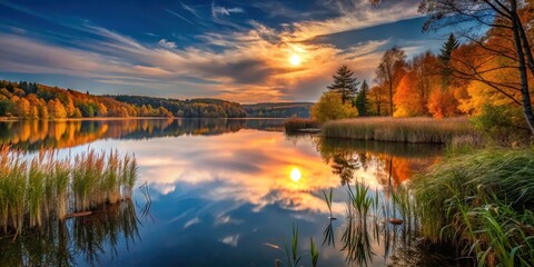 Serene autumn sunset reflected in a tranquil lake, showcasing vibrant foliage and a picturesque sky