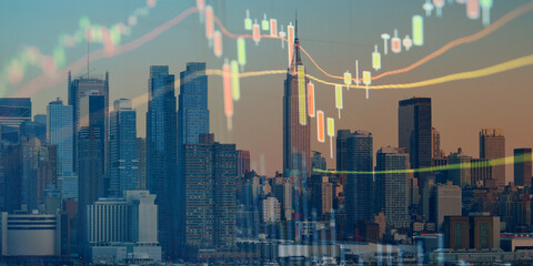 forex chart on cityscape with skyscrapers wallpaper double exposure. financial research concept.