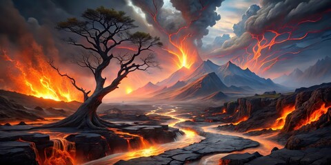 A lone tree stands resilient amidst a fiery volcanic landscape, lava rivers carving paths through rugged terrain, a breathtaking display of nature's raw power and enduring beauty.