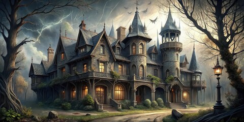 An Enigmatic Stone Mansion on a Dark and Stormy Night, Bat-Filled Skies Above