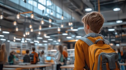 Boy with backpack in a large, bright, modern library full of students