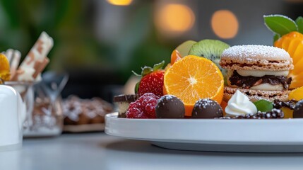 Exquisite dessert platter with colorful fruits and delicate pastries close-up