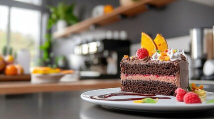 Delicious Chocolate Cake Slice with Fruit Toppings in a Modern Kitchen