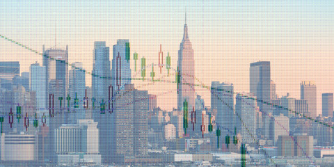 forex chart on cityscape with skyscrapers wallpaper double exposure. financial research concept.