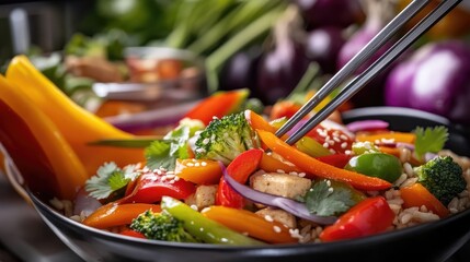 Delicious Vegan Stir-Fry with Tofu and Vegetables, ready to eat with Chopsticks