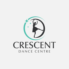 Elegant dance school logo with crescent moon and teen ballerina silhouette for modern identity