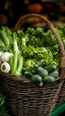 A wicker basket overflowing with fresh green vegetables.
