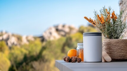 Elevated outdoor wellness scene featuring natural elements and muted tones