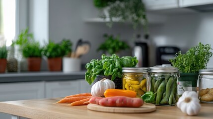 Rustic Kitchen Still Life with Fresh Produce and Preserved Vegetables Display