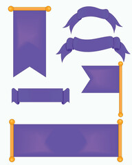 Editable vector set of purple ribbons and banners in a variety of shapes and styles. Great for posters, cards, awards, product tags, and decorative design use. High-resolution and colorful vector.