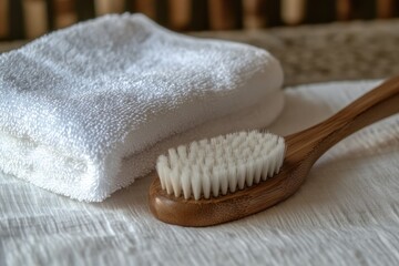 Soft bristle wooden brush resting beside a white towel on a light surface, Soft bristle wooden brush on white towel