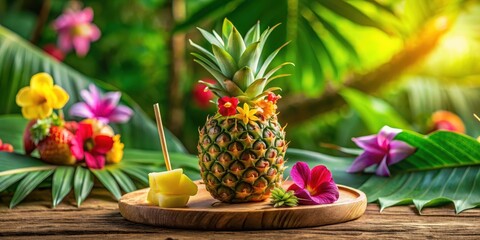 A tropical pineapple adorned with vibrant blossoms, nestled on a rustic wooden surface with a piece of pineapple and tropical foliage