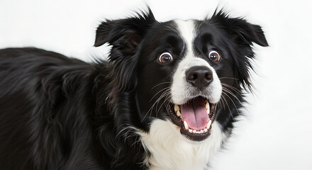 Fototapeta premium Black and white border collie dog with wide-eyed, open-mouthed expression against a plain background.