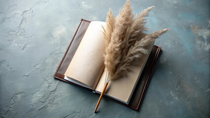 Open book with dried flowers resting on a textured surface