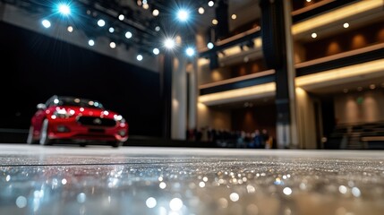 Red automobile on display at a convention center event, highlighting sleek design