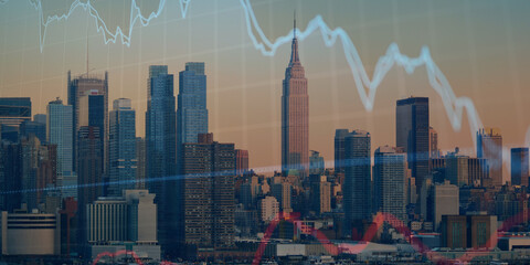 forex chart on cityscape with skyscrapers wallpaper double exposure. financial research concept.