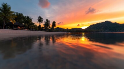Tranquil tropical beach scene at sunrise with palm trees silhouettes