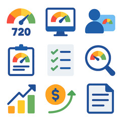 Credit score monitoring and improvement icons illustrating financial health, progress, and assessment.