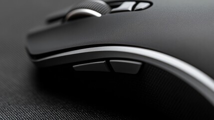 Close-up of an ergonomic modern computer mouse on a textured surface