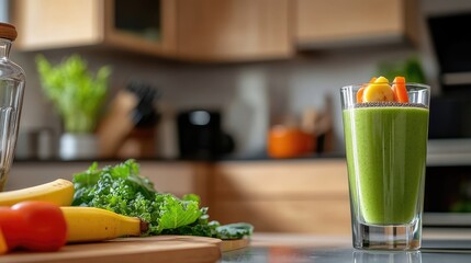 A Refreshing Green Smoothie Prepared with Fresh Ingredients in the Kitchen