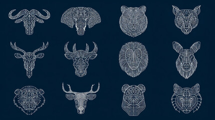 Collection of line art animal heads on a dark blue background design